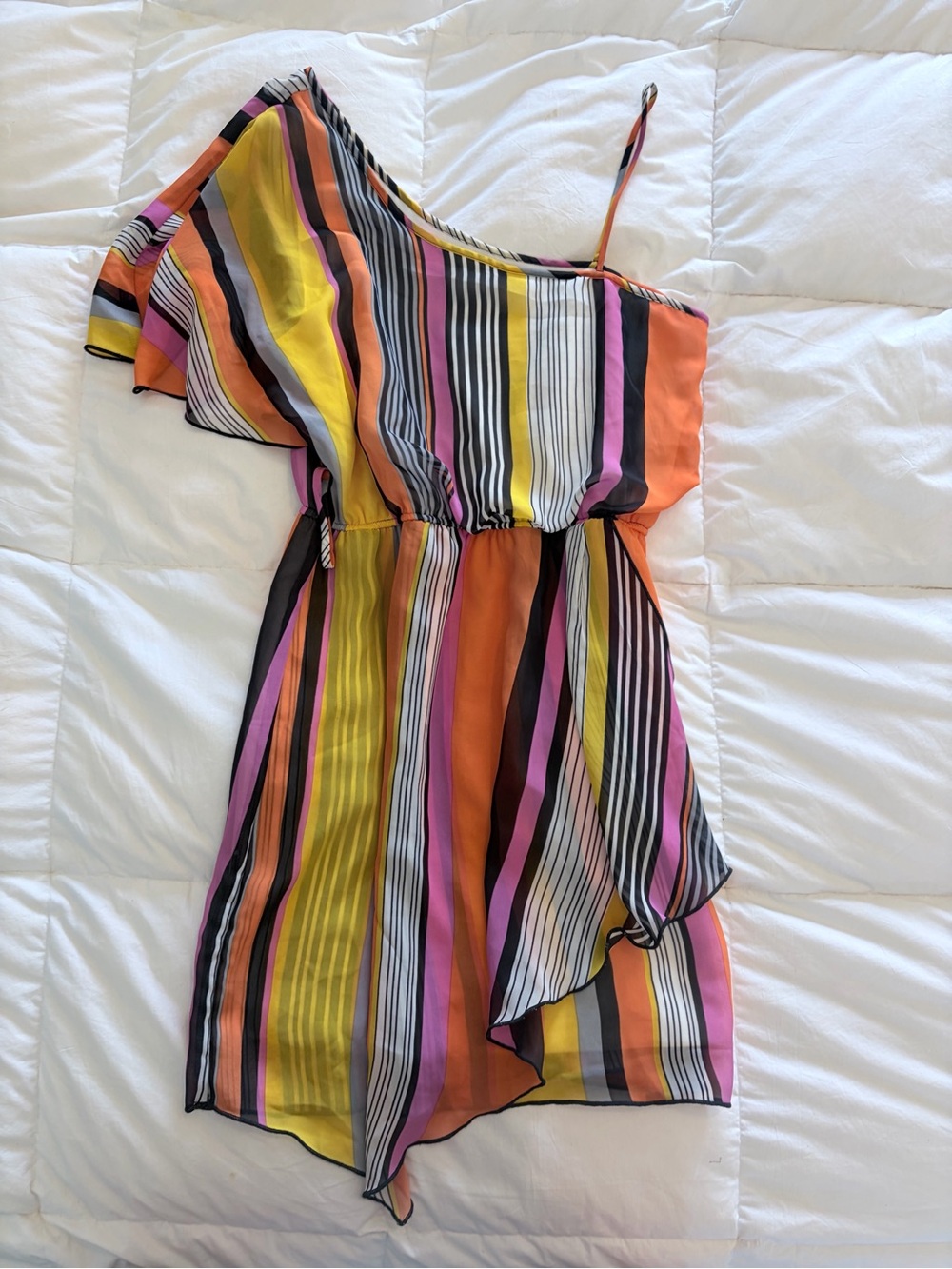 Teeze Me One-Shoulder Striped Dress in Yellow, Orange, Pink, Black & White